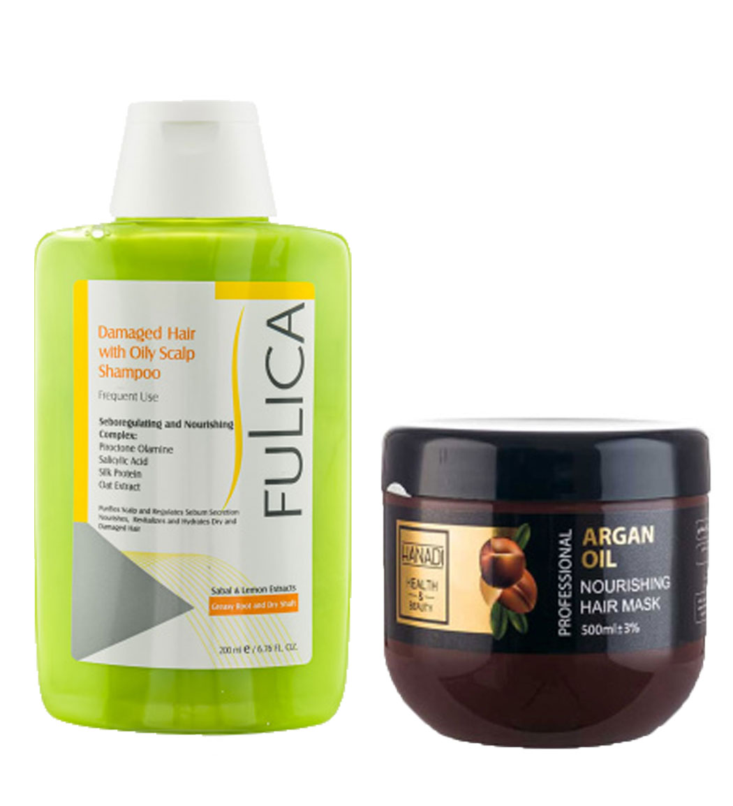 پک شامپو پوست سر چرب و موهای آسیب دیده 200میل فولیکا و ماسک مو مغذی حاوی روغن آرگان و فاقد سولفات  500میل