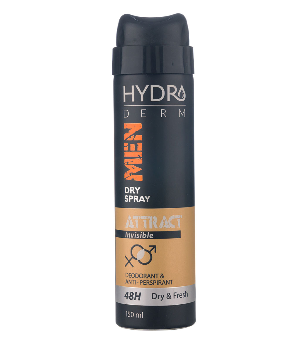 اسپری دئودورانت مردانه  Men Atract Invisible حجم 150میل Hydroderm Men Atract Invisible Deodorant Dry Spray 150ml